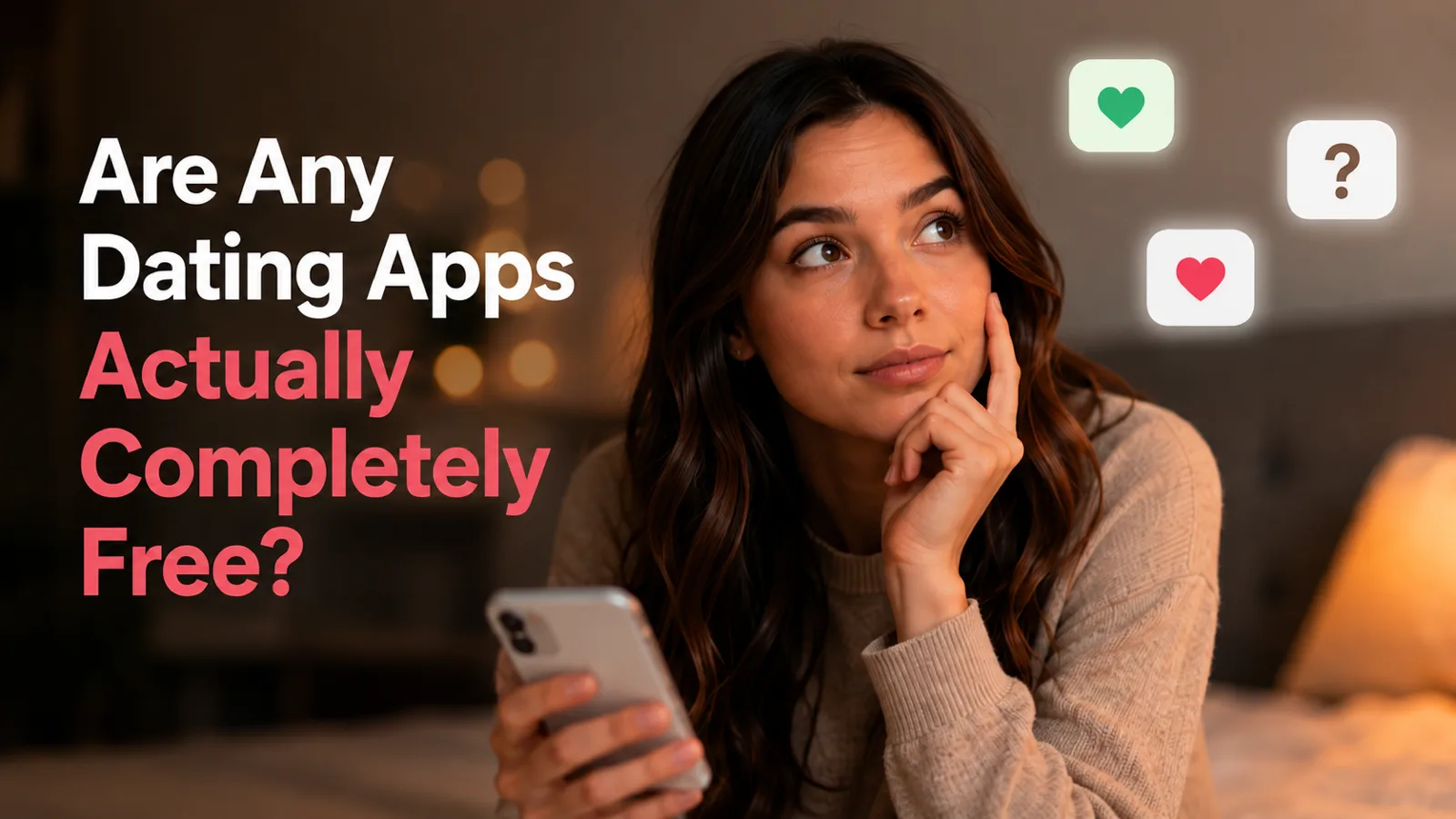 A woman lying down and looking thoughtful with her hand on her chin, holding a phone, with floating app icons beside her showing a green heart, a question mark and a pink heart.