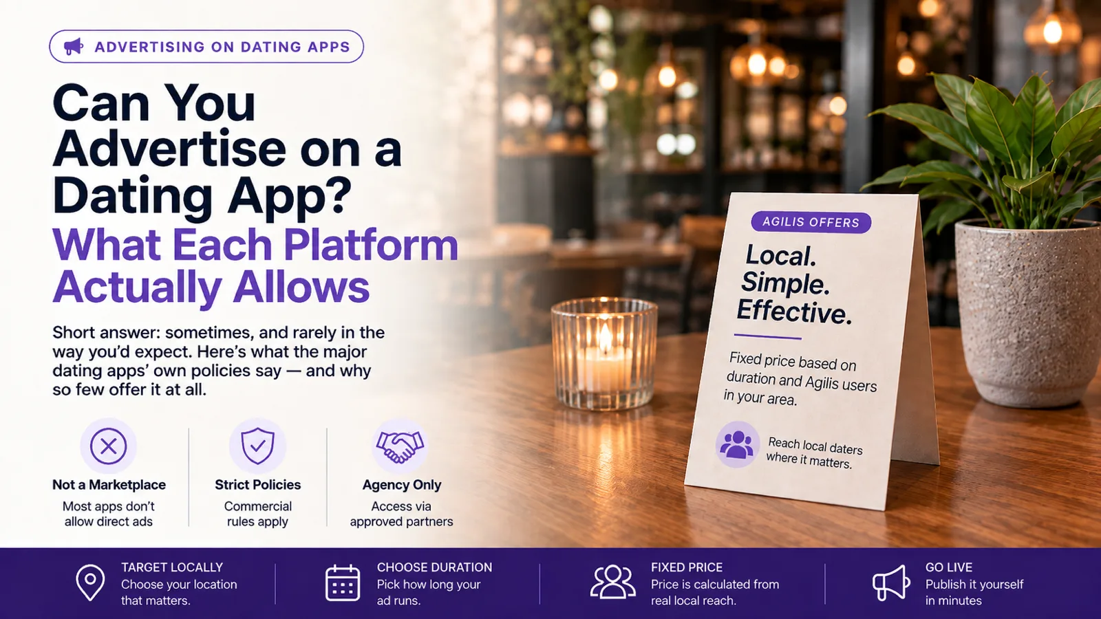 An A-frame table card on a wooden restaurant table beside a candle, reading "Agilis Offers — local, simple, effective" and explaining that pricing is fixed, based on campaign duration and the number of Agilis users in your area, alongside a four-step summary covering local targeting, campaign duration, fixed pricing and going live.