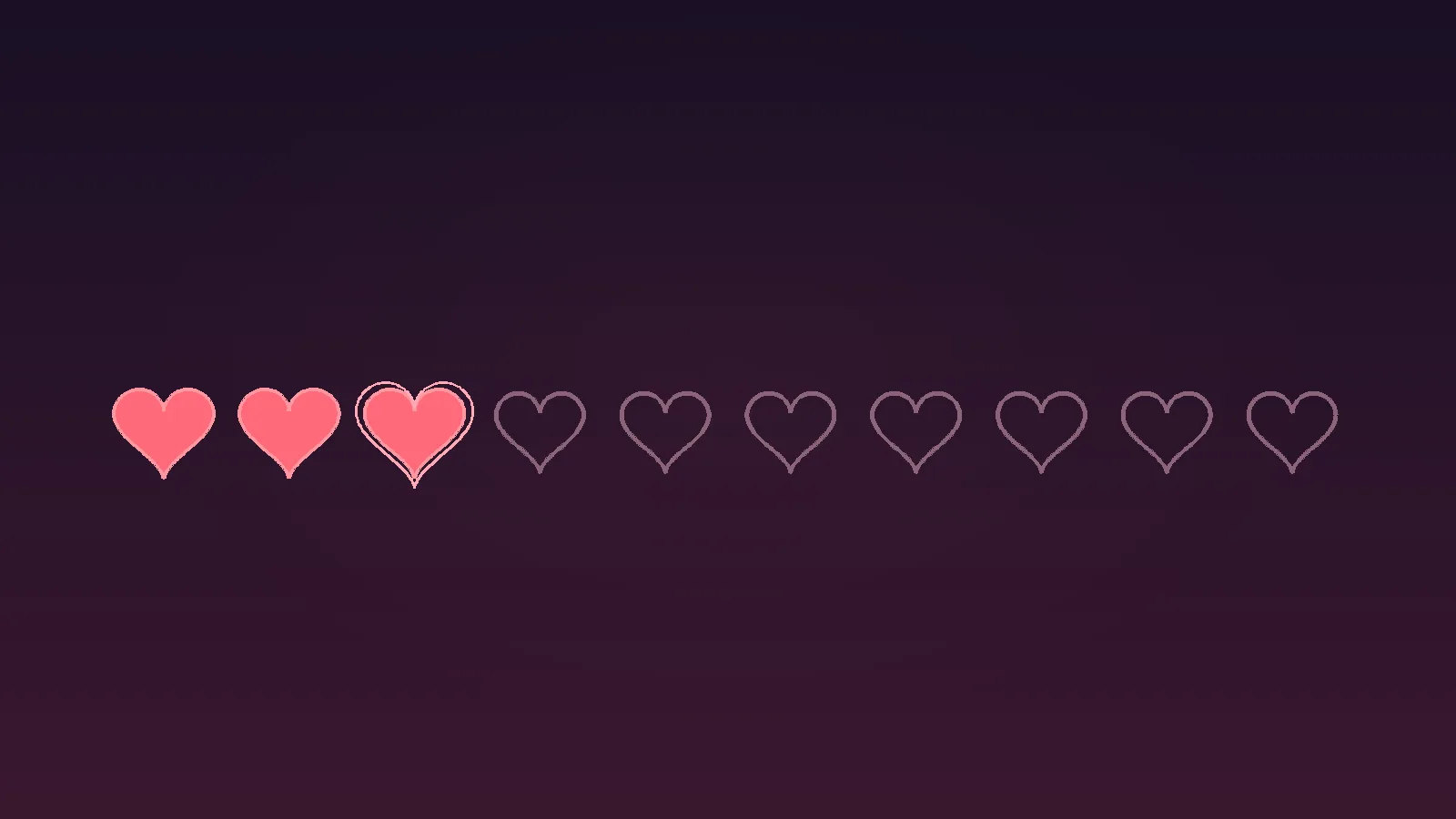 Ten heart icons in a row on a dark plum background, three filled in coral and seven outlined, representing a limited budget of likes on a dating app.