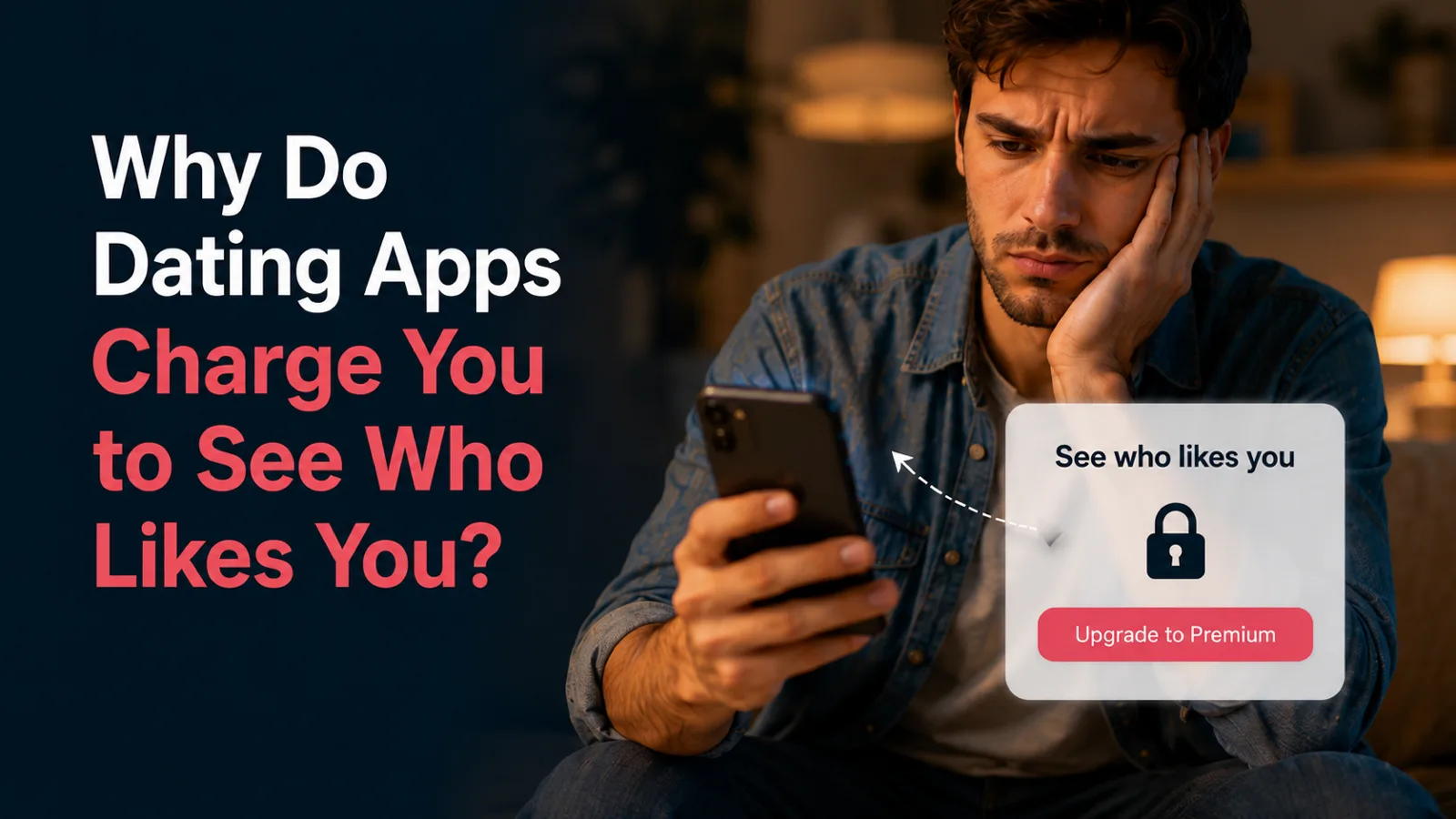 A man looking disappointed at his phone in a dimly lit room, next to a panel showing a padlocked "See who likes you" feature and an "Upgrade to Premium" button.